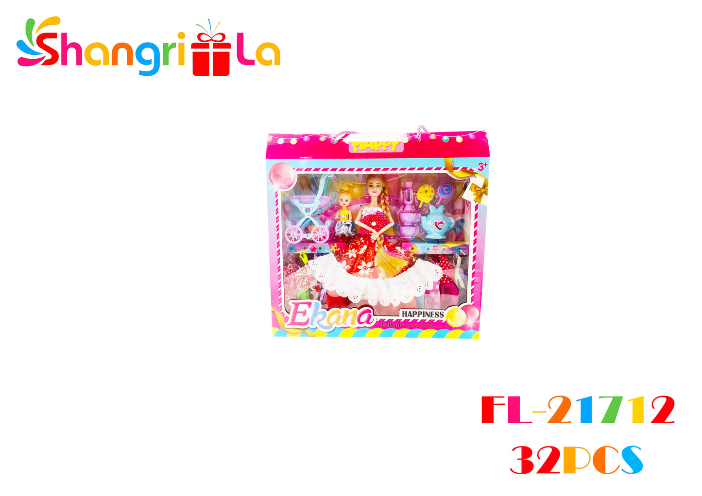 Set de muñeca con bebe coche y muchos vestidos
