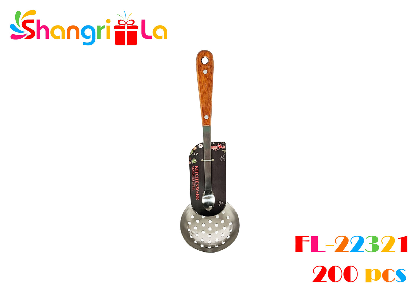 CUCHARON METALICO CON ORIFICIOS Y MANGO DE MADERA