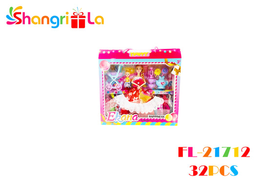Set de muñeca con bebe coche y muchos vestidos
