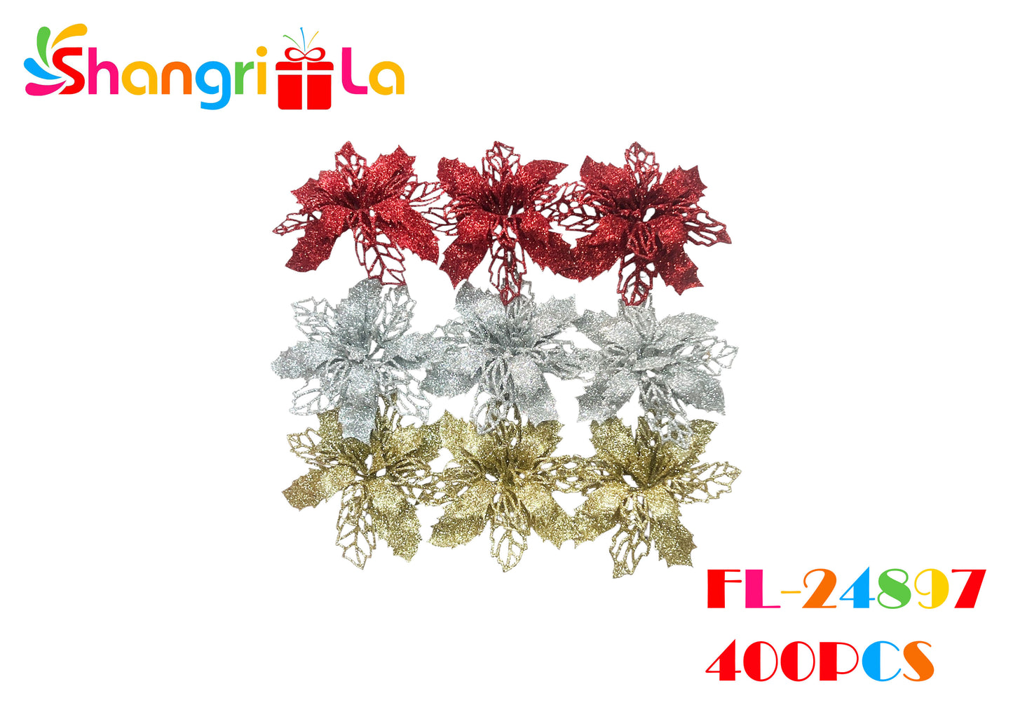 PACK 3 FLORES NAVIDEÑAS CON GLITTER