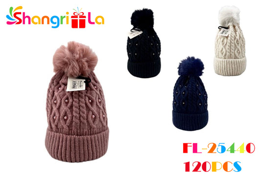 GORRO DE PUNTO PARA MUJER CON PERLAS Y FORRO DE TERCIOPELO